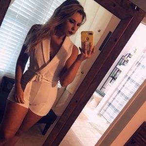 White Low Cut Romper with Belt
